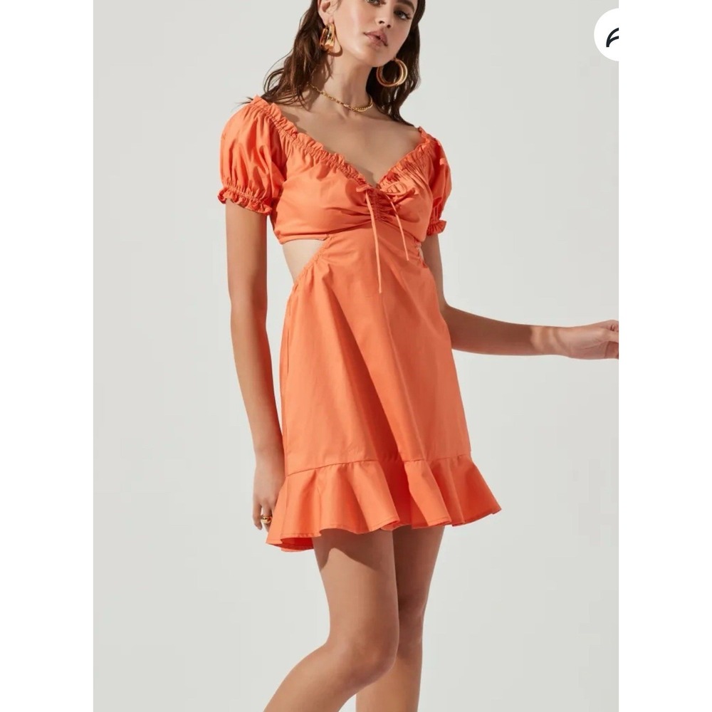ASTR‎ THE LABEL Tangerine Verena Cut Out Puff Sleeve Ruffle Mini Dress Sz MEDIUM